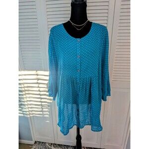Susan Graver Top Womens 3X Blue Polka Dot Sheer Chiffon Tunic Blouse Boho Pleats